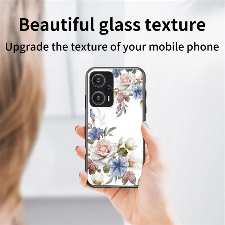 Für Xiaomi Redmi Note 12 Turbo / Poco F5 5G Ring Kickstand Flower Printed Cover Tempered Glass+PC+TPU Mobile Case - Weiße Blumenhecke