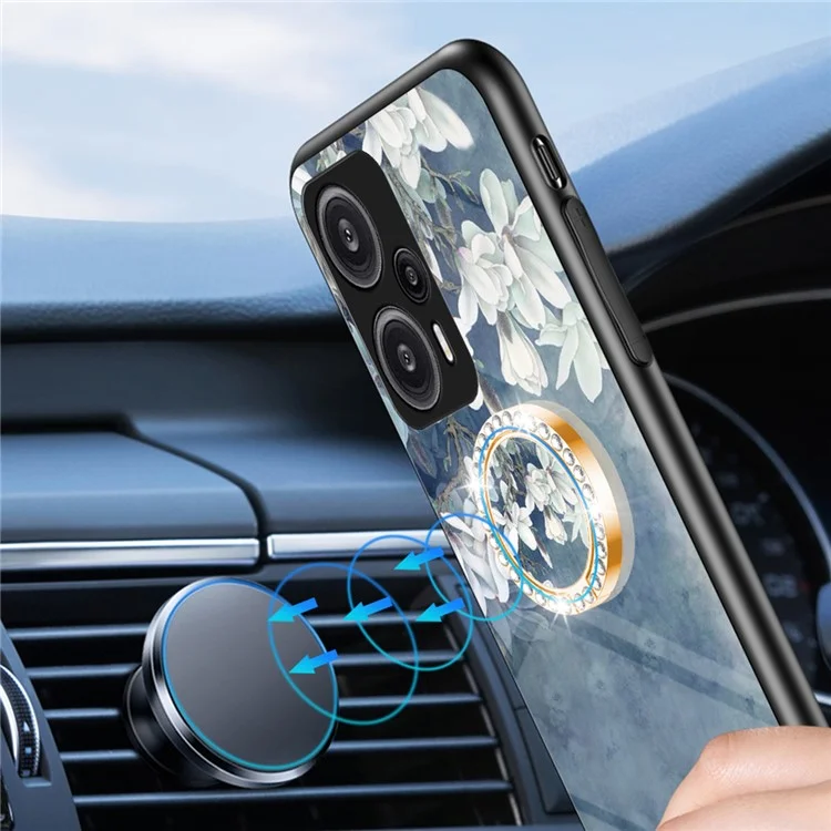 Für Xiaomi Redmi Note 12 Turbo / Poco F5 5G Ring Kickstand Flower Printed Cover Tempered Glass+PC+TPU Mobile Case - Weiße Blumenhecke