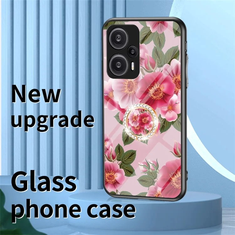Für Xiaomi Redmi Note 12 Turbo / Poco F5 5G Ring Kickstand Flower Printed Cover Tempered Glass+PC+TPU Mobile Case - Weiße Blumenhecke