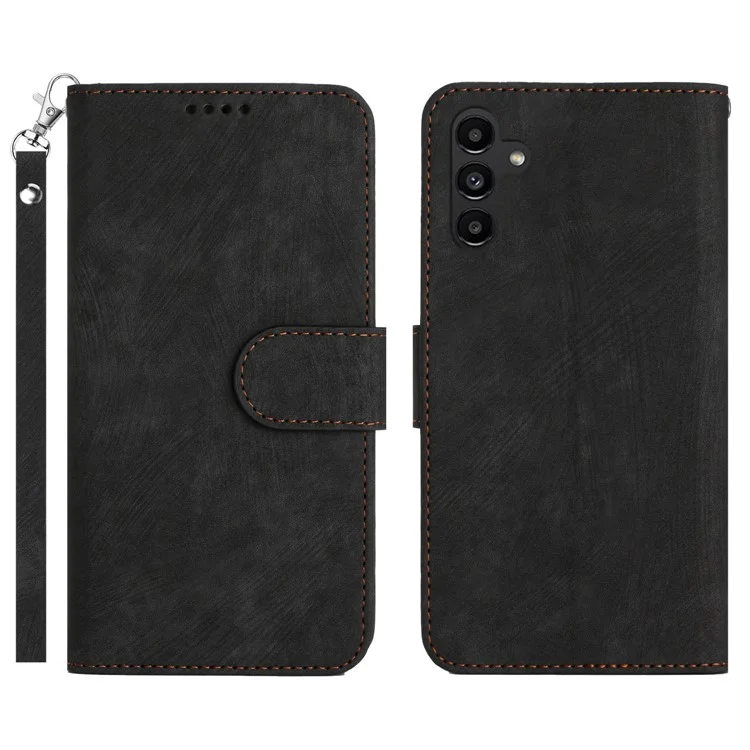 Phone Case Wallet For Samsung Galaxy A14 5G / A14 4G Solid Color Stripe Pattern PU Leather Stand Cover with Strap - Black