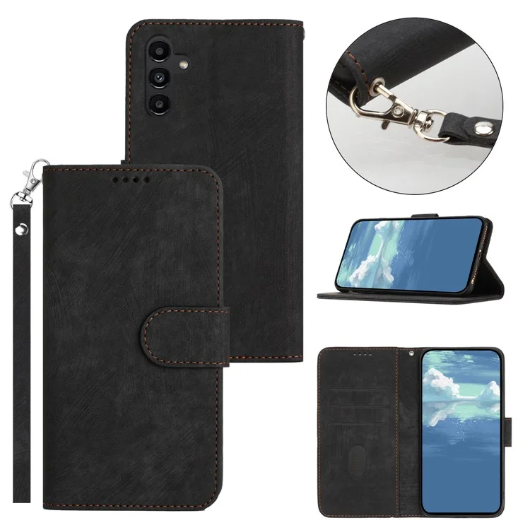 Para Samsung Galaxy A34 5G Anti-Impressão Digital Stripe Texture Phone Case Wallet PU Leather Stand Cover com Alça - Preto