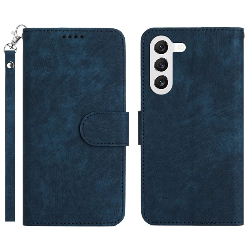For Samsung Galaxy S23 Cell Phone Cover Wallet Solid Color Stripe Texture PU Leather Stand Shell with Strap - Blue