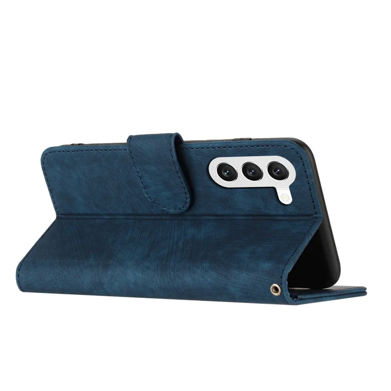 For Samsung Galaxy S23 Cell Phone Cover Wallet Solid Color Stripe Texture PU Leather Stand Shell with Strap - Blue