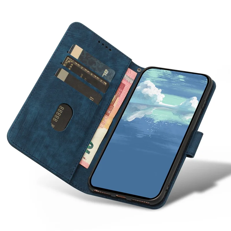 For Samsung Galaxy S23 Cell Phone Cover Wallet Solid Color Stripe Texture PU Leather Stand Shell with Strap - Blue