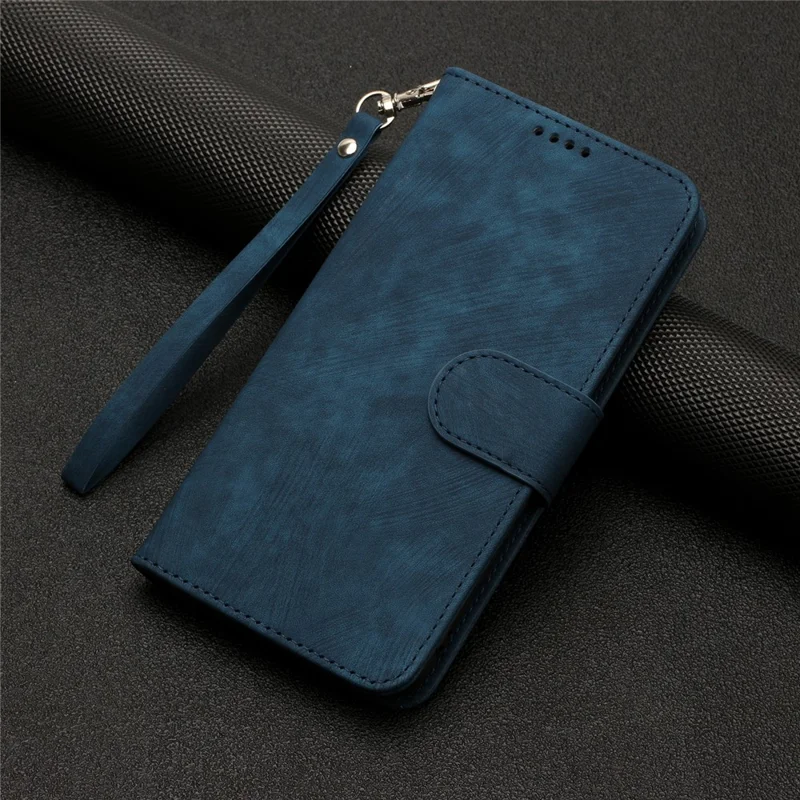 For Samsung Galaxy S23 Cell Phone Cover Wallet Solid Color Stripe Texture PU Leather Stand Shell with Strap - Blue