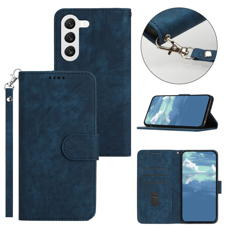 For Samsung Galaxy S23 Cell Phone Cover Wallet Solid Color Stripe Texture PU Leather Stand Shell with Strap - Blue