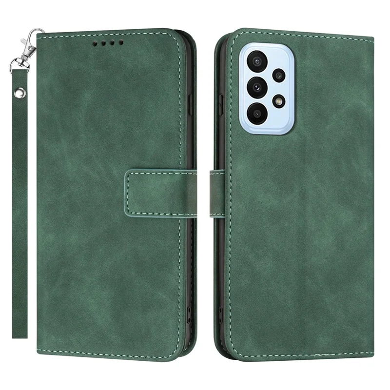 For Samsung Galaxy A23 4G / A23 5G (Global Version) Wallet Folio Cover PU Leather Solid Color Textured Stand Phone Case with Strap - Green