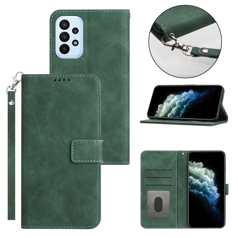 For Samsung Galaxy A23 4G / A23 5G (Global Version) Wallet Folio Cover PU Leather Solid Color Textured Stand Phone Case with Strap - Green