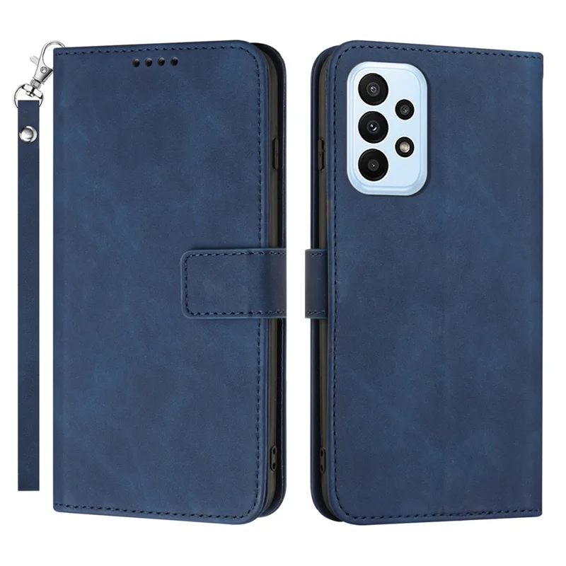 For Samsung Galaxy A23 4G / A23 5G (Global Version) Wallet Folio Cover PU Leather Solid Color Textured Stand Phone Case with Strap - Blue