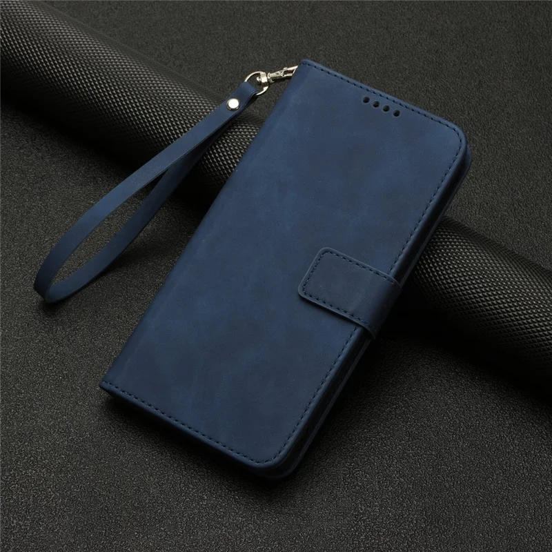 For Samsung Galaxy A23 4G / A23 5G (Global Version) Wallet Folio Cover PU Leather Solid Color Textured Stand Phone Case with Strap - Blue