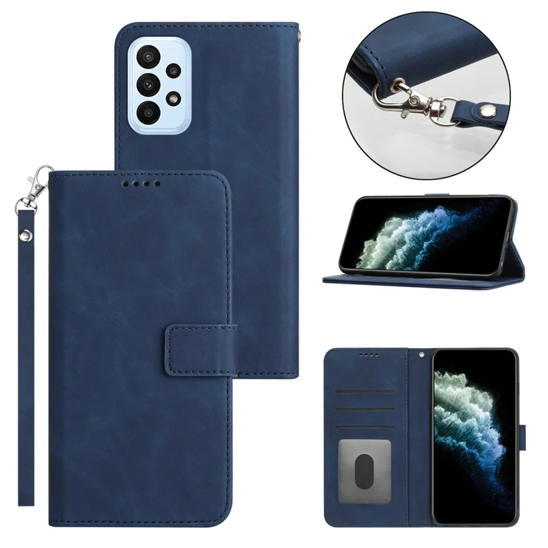 For Samsung Galaxy A23 4G / A23 5G (Global Version) Wallet Folio Cover PU Leather Solid Color Textured Stand Phone Case with Strap - Blue