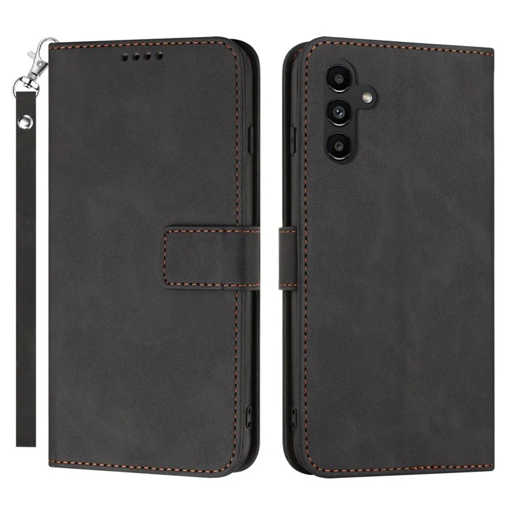 Per Samsung Galaxy A34 5G Custodia in Pelle PU Colore Solido Texture Wallet Stand Phone Case con Cinturino - Nero