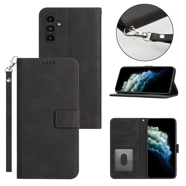 Per Samsung Galaxy A34 5G Custodia in Pelle PU Colore Solido Texture Wallet Stand Phone Case con Cinturino - Nero