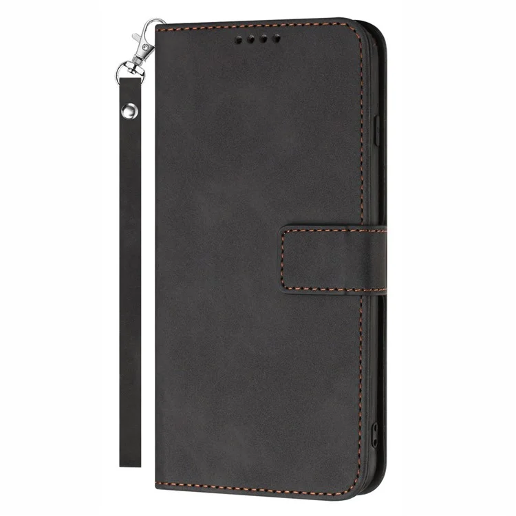 Для Samsung Galaxy A54 5G Anti-Scratch PU Leather Solid Color Wallet Folio Cover Stand Textured Phone Case with Strap - Black