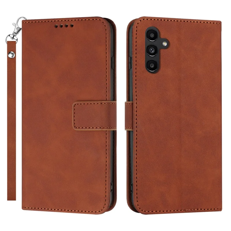 For Samsung Galaxy A54 5G Anti-Scratch PU Leather Solid Color Wallet Folio Cover Stand Textured Phone Case with Strap - Brown