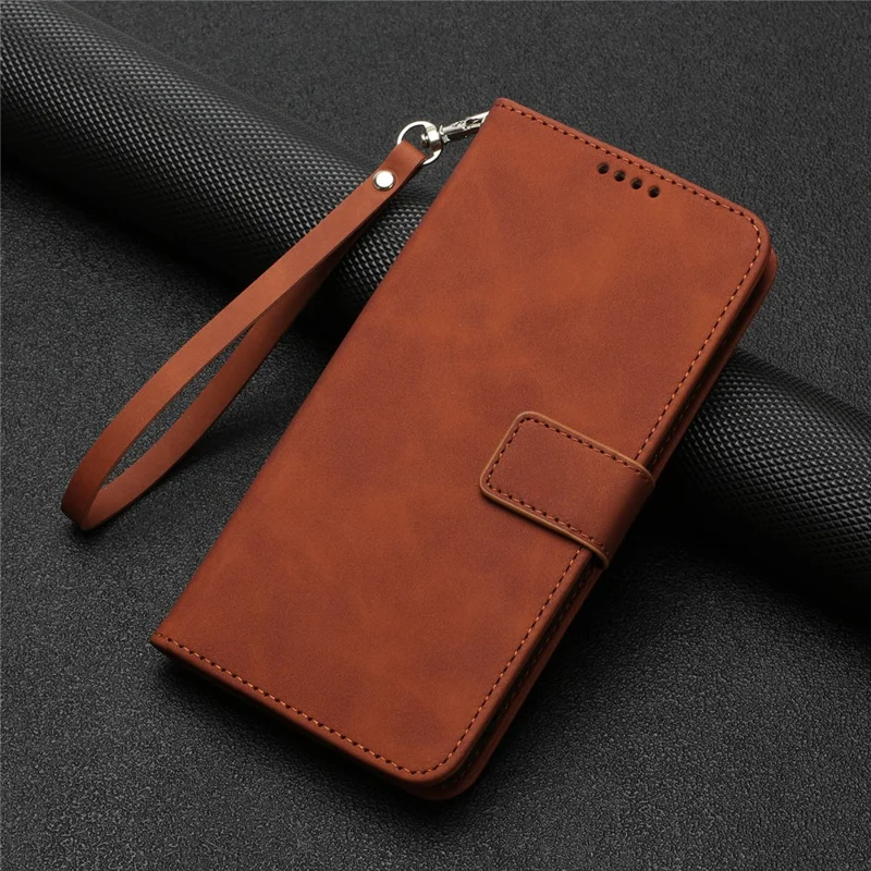 For Samsung Galaxy A54 5G Anti-Scratch PU Leather Solid Color Wallet Folio Cover Stand Textured Phone Case with Strap - Brown
