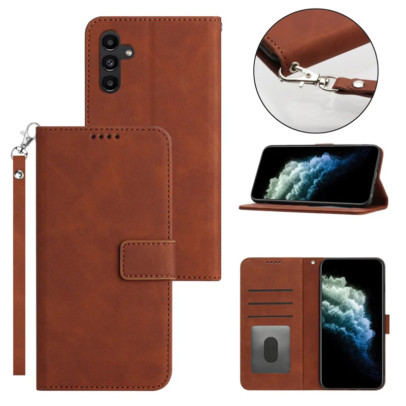 For Samsung Galaxy A54 5G Anti-Scratch PU Leather Solid Color Wallet Folio Cover Stand Textured Phone Case with Strap - Brown