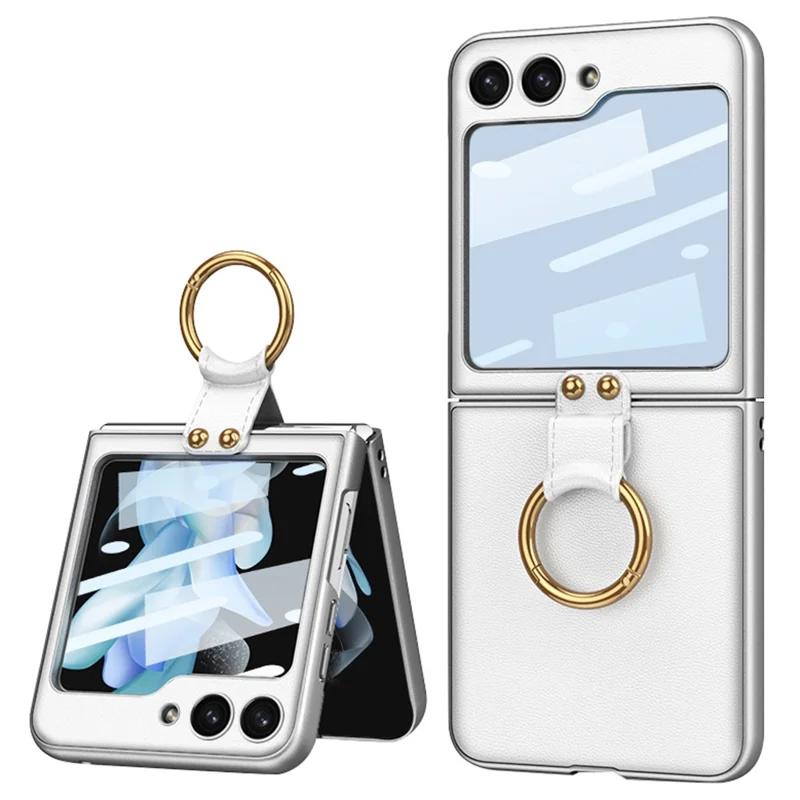 GKK Per Samsung Galaxy Z Flip5 5G Ring Kickstand Case PU Leather PC Phone Cover con Pellicola Schermo Piccola - Argento