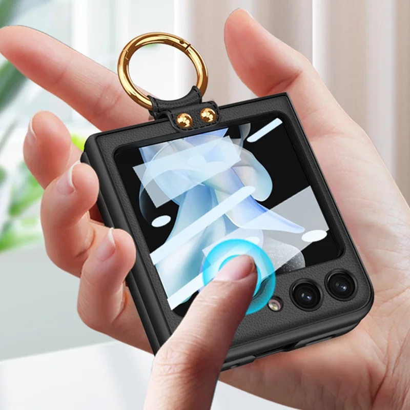GKK Per Samsung Galaxy Z Flip5 5G Ring Kickstand Case PU Leather PC Phone Cover con Pellicola Schermo Piccola - Argento