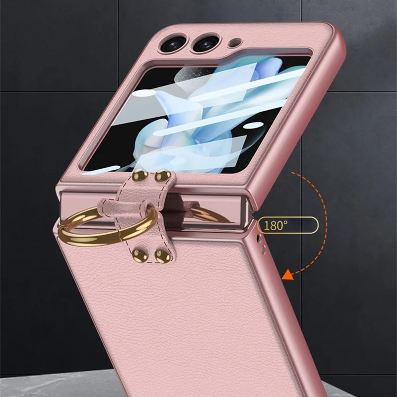 GKK Per Samsung Galaxy Z Flip5 5G Ring Kickstand Case PU Leather PC Phone Cover con Pellicola Schermo Piccola - Argento