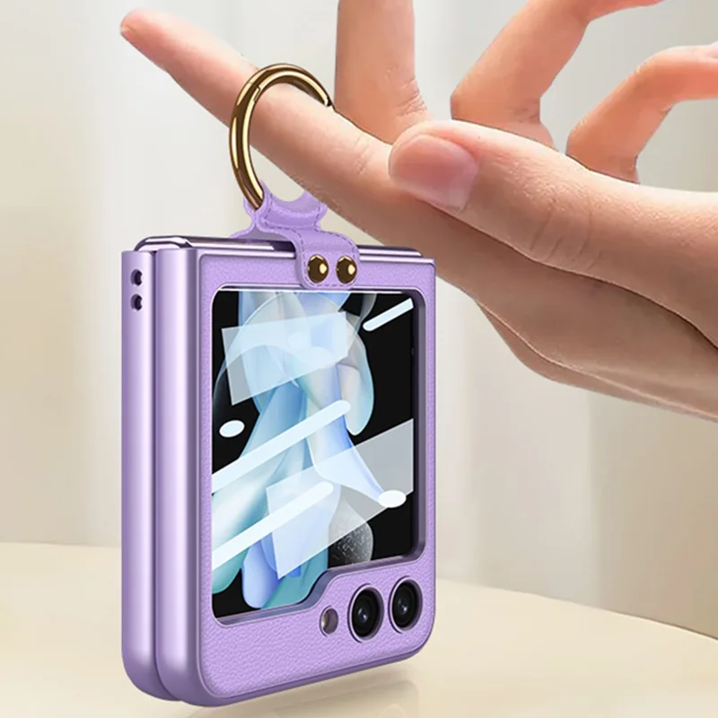 GKK Per Samsung Galaxy Z Flip5 5G Ring Kickstand Case PU Leather PC Phone Cover con Pellicola Schermo Piccola - Argento