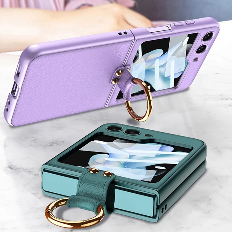 GKK Per Samsung Galaxy Z Flip5 5G Ring Kickstand Case PU Leather PC Phone Cover con Pellicola Schermo Piccola - Argento