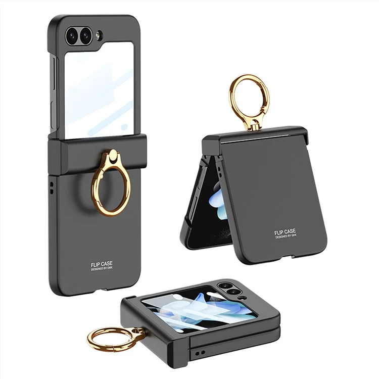 GKK For Samsung Galaxy Z Flip5 5G All-inclusive Hinge Phone Shell Tempered Glass Film Plastic Phone Case with Ring Holder - Black