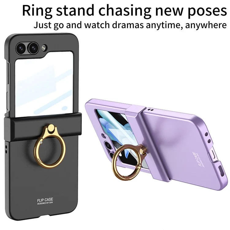 GKK For Samsung Galaxy Z Flip5 5G All-inclusive Hinge Phone Shell Tempered Glass Film Plastic Phone Case with Ring Holder - Black