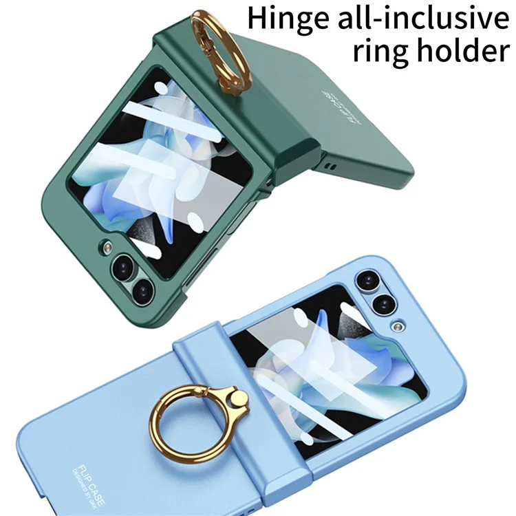 GKK For Samsung Galaxy Z Flip5 5G All-inclusive Hinge Phone Shell Tempered Glass Film Plastic Phone Case with Ring Holder - Black