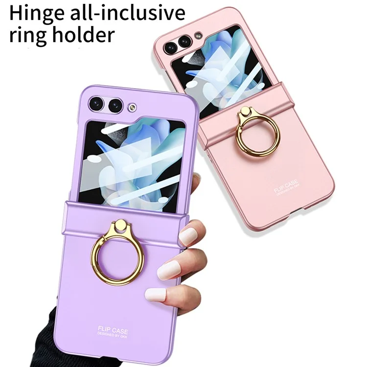 GKK For Samsung Galaxy Z Flip5 5G All-inclusive Hinge Phone Shell Tempered Glass Film Plastic Phone Case with Ring Holder - Black