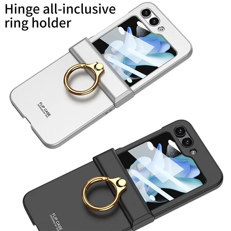 GKK For Samsung Galaxy Z Flip5 5G All-inclusive Hinge Phone Shell Tempered Glass Film Plastic Phone Case with Ring Holder - Black