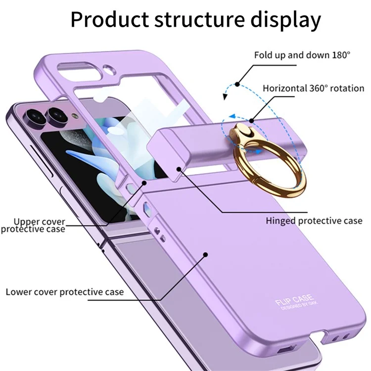 GKK For Samsung Galaxy Z Flip5 5G All-inclusive Hinge Phone Shell Tempered Glass Film Plastic Phone Case with Ring Holder - Black