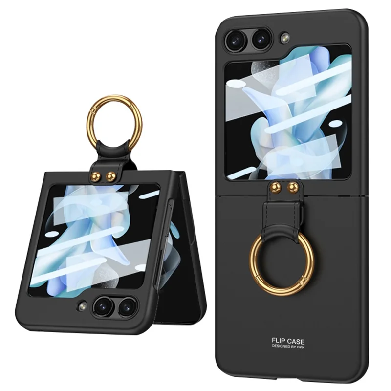 GKK For Samsung Galaxy Z Flip5 5G Plastic Phone Case Tempered Glass Film Phone Shell with Ring Holder - Black