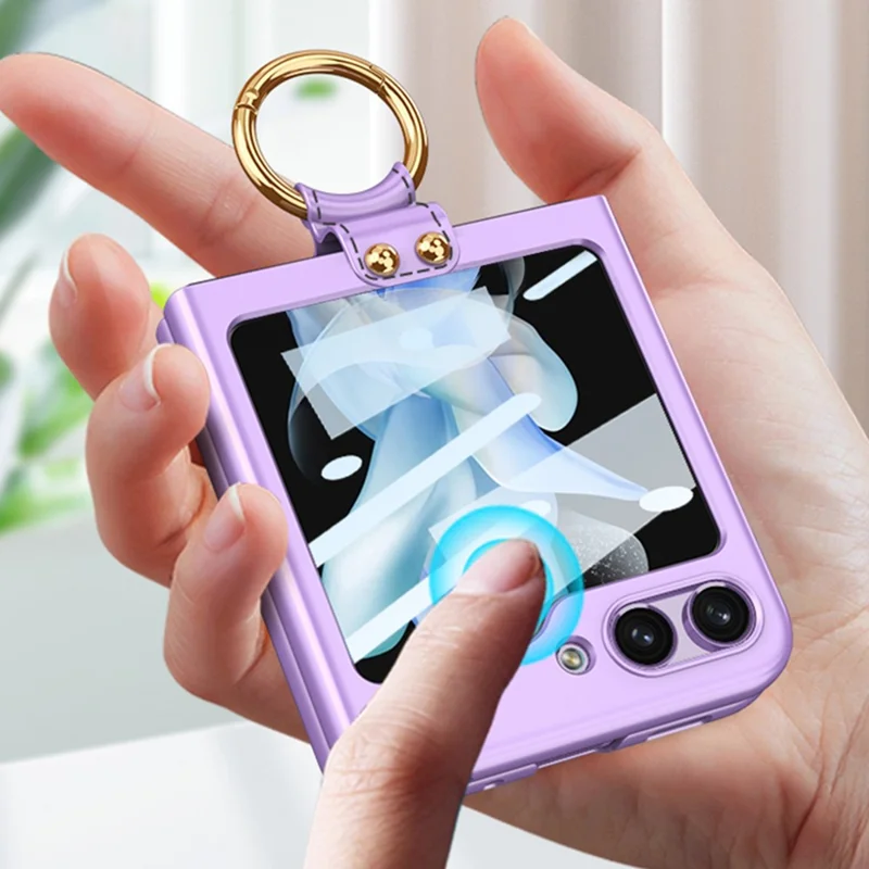 GKK For Samsung Galaxy Z Flip5 5G Plastic Phone Case Tempered Glass Film Phone Shell with Ring Holder - Black