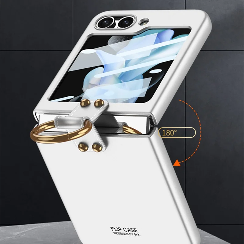 GKK For Samsung Galaxy Z Flip5 5G Plastic Phone Case Tempered Glass Film Phone Shell with Ring Holder - Black