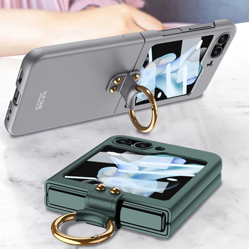GKK For Samsung Galaxy Z Flip5 5G Plastic Phone Case Tempered Glass Film Phone Shell with Ring Holder - Black