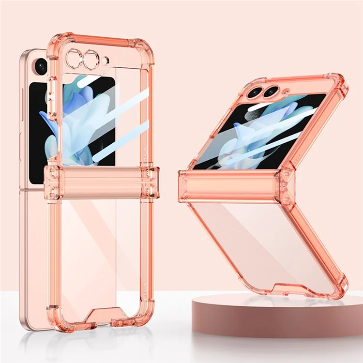 GKK Per Samsung Galaxy Z Flip5 5G Phone Case Rinforzo Angoli TPU Cover con Pellicola Vetro Temperato - Arancione Trasparente