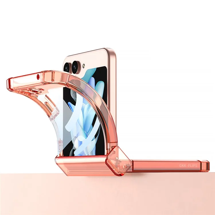 GKK Per Samsung Galaxy Z Flip5 5G Phone Case Rinforzo Angoli TPU Cover con Pellicola Vetro Temperato - Arancione Trasparente