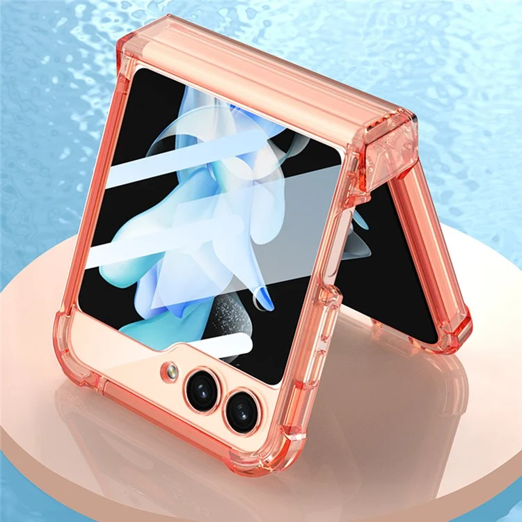 GKK Per Samsung Galaxy Z Flip5 5G Phone Case Rinforzo Angoli TPU Cover con Pellicola Vetro Temperato - Arancione Trasparente