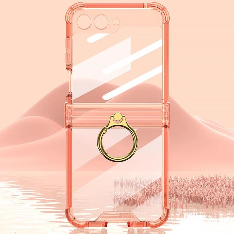 GKK Para Samsung Galaxy Z Flip5 5G Case de Telefone com Suporte Anel, Reforço nos Cantos, Capa de TPU com Película de Vidro Temperado - Laranja Transparente