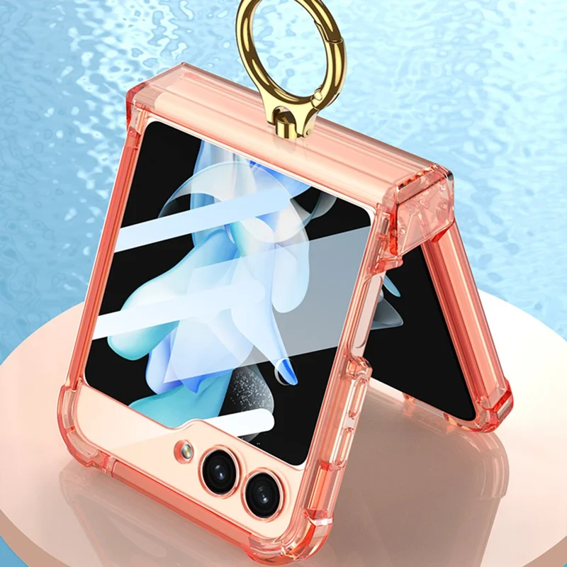 GKK Para Samsung Galaxy Z Flip5 5G Case de Telefone com Suporte Anel, Reforço nos Cantos, Capa de TPU com Película de Vidro Temperado - Laranja Transparente