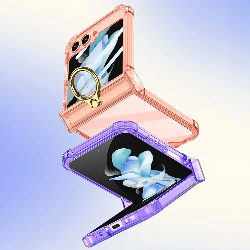 GKK Para Samsung Galaxy Z Flip5 5G Case de Telefone com Suporte Anel, Reforço nos Cantos, Capa de TPU com Película de Vidro Temperado - Laranja Transparente