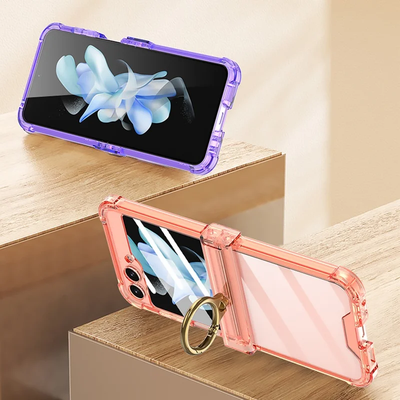 GKK Para Samsung Galaxy Z Flip5 5G Case de Telefone com Suporte Anel, Reforço nos Cantos, Capa de TPU com Película de Vidro Temperado - Laranja Transparente