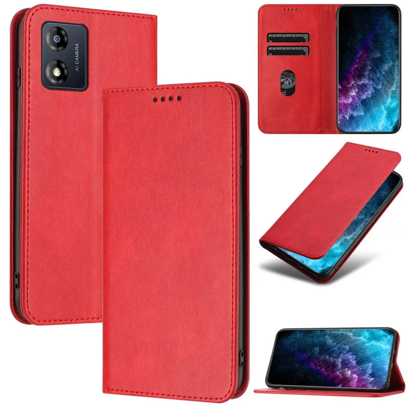 PU Leather Phone Case for Motorola Moto E13 4G , RFID Blocking Card Holder Phone Stand Cover - Red