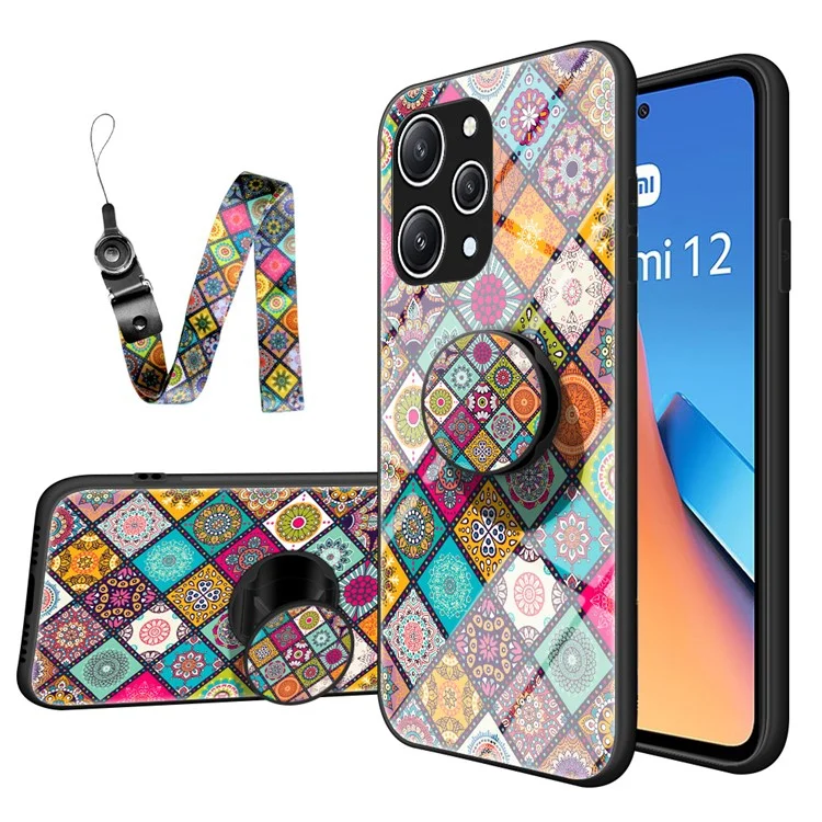 For Xiaomi Redmi 12 4G Tempered Glass+PC+TPU Phone Case Flower Pattern Kickstand Cover with Lanyard - Checkered Pattern