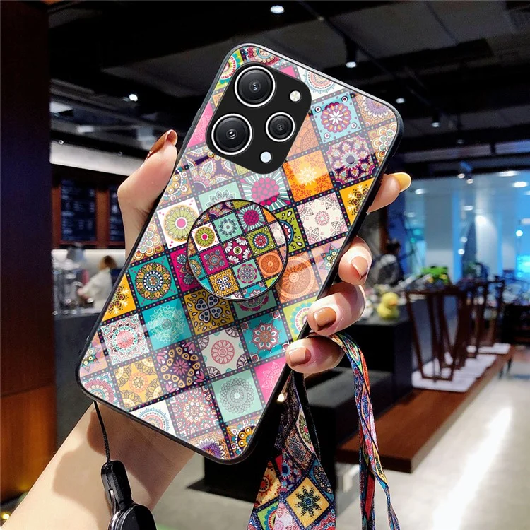 For Xiaomi Redmi 12 4G Tempered Glass+PC+TPU Phone Case Flower Pattern Kickstand Cover with Lanyard - Checkered Pattern