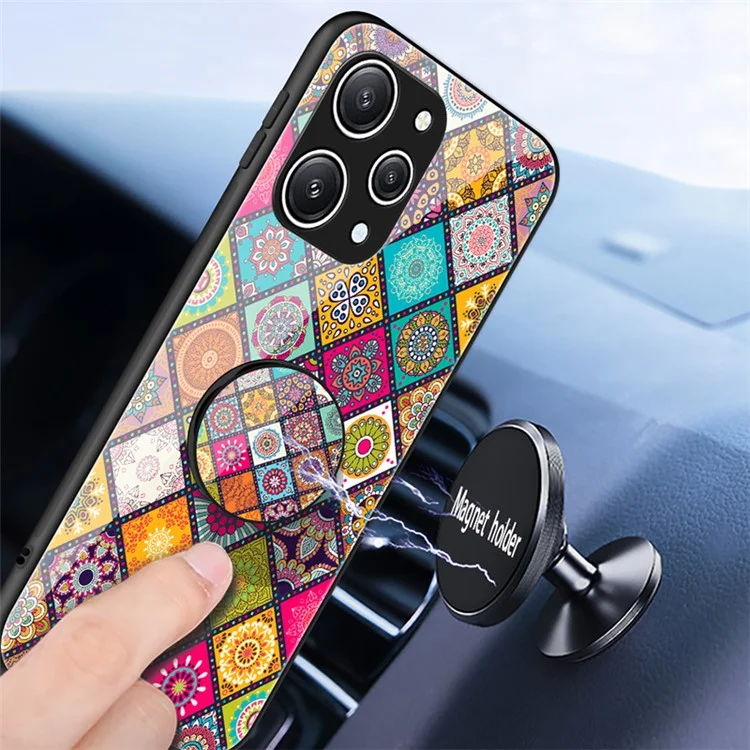 For Xiaomi Redmi 12 4G Tempered Glass+PC+TPU Phone Case Flower Pattern Kickstand Cover with Lanyard - Checkered Pattern