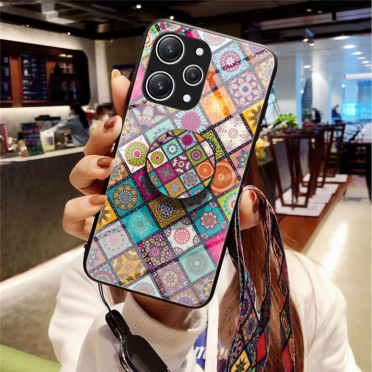 For Xiaomi Redmi 12 4G Tempered Glass+PC+TPU Phone Case Flower Pattern Kickstand Cover with Lanyard - Checkered Pattern