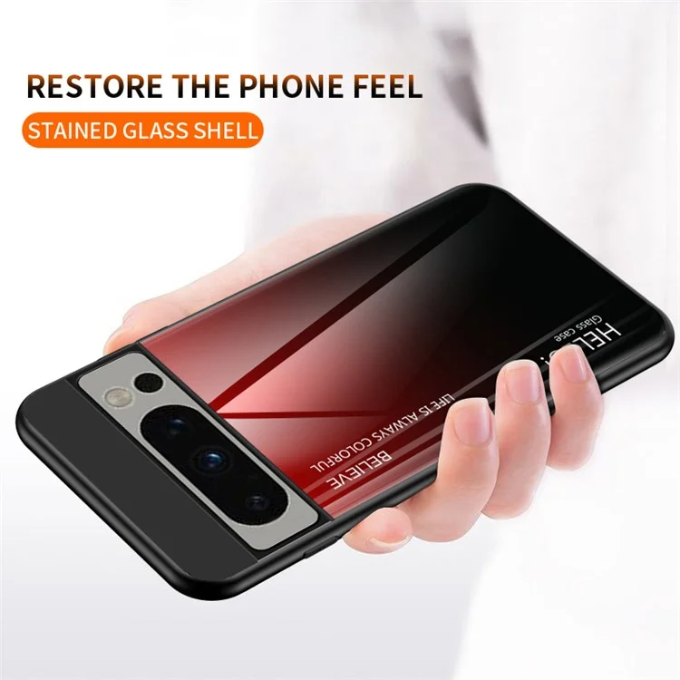 For Google Pixel 8 Pro Gradient Color Case Tempered Glass+PC+TPU Hybrid Phone Cover - Gradient Red Black