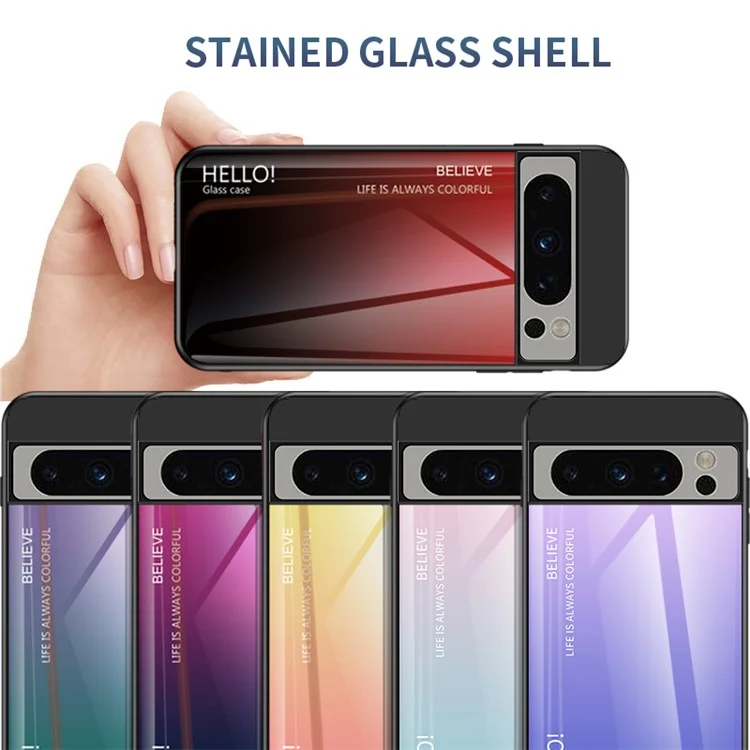 For Google Pixel 8 Pro Gradient Color Case Tempered Glass+PC+TPU Hybrid Phone Cover - Gradient Red Black